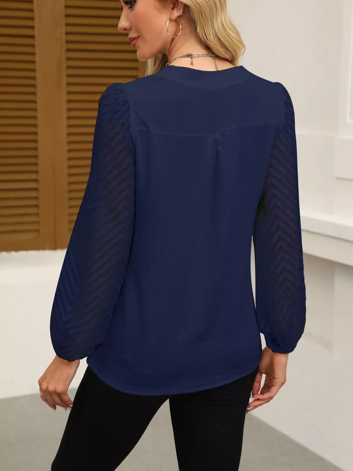 Notched Balloon Sleeve Blouse