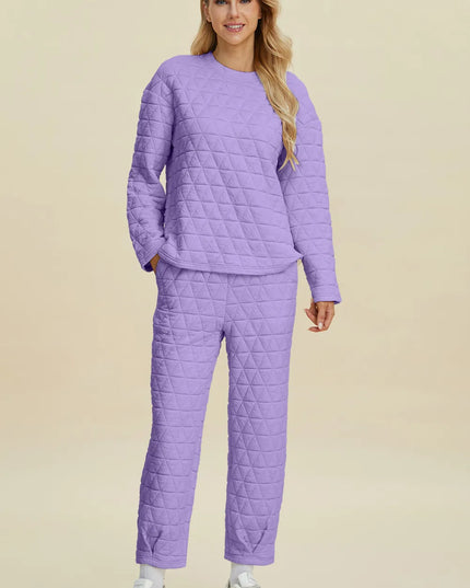 Double Take Full Size Texture Round Neck Long Sleeve Top and Pants Set