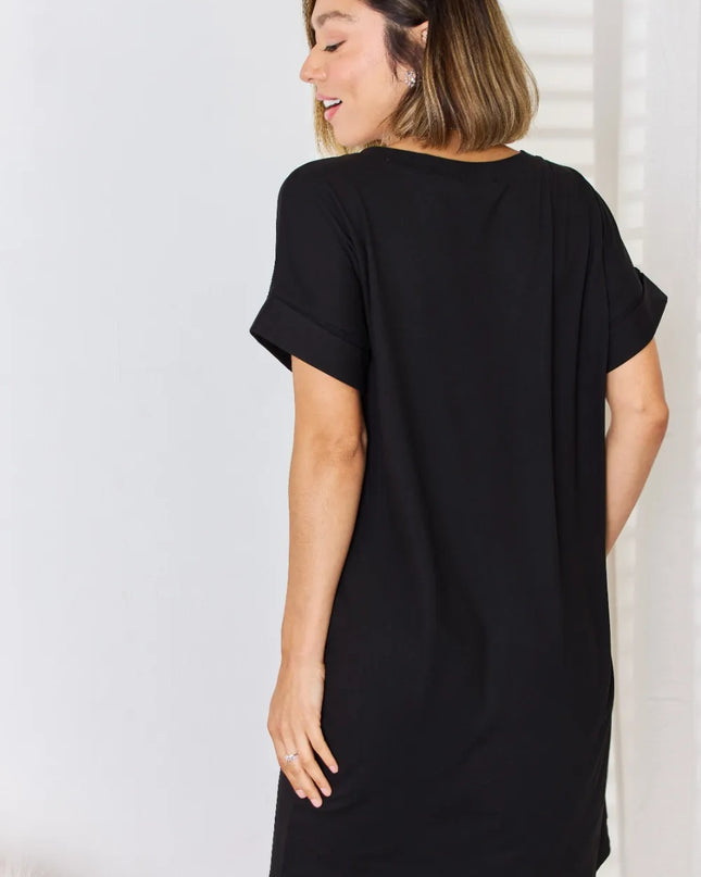 Zenana Full Size Rolled Short Sleeve V-Neck Dress