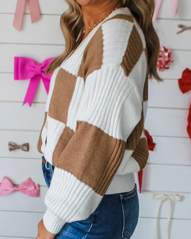 Color Block Knit Button-Up Cardigan