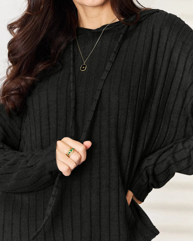 Basic Bae Full Size Ribbed Drawstring Hooded Top and Straight Pants Set