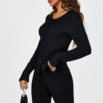 Button Down Ruched Stretch Long Sleeves Top in Black