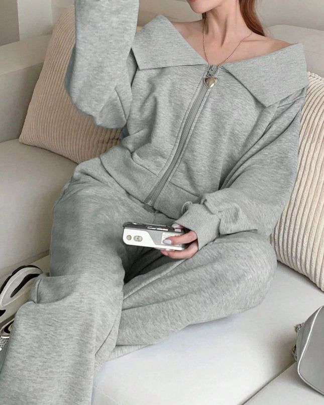 Zip Up Long Sleeve Top and Pants Set Light Gray