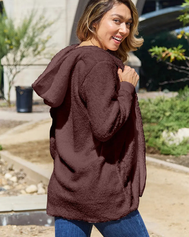 Full Size Teddy Hooded Jacket with Pockets