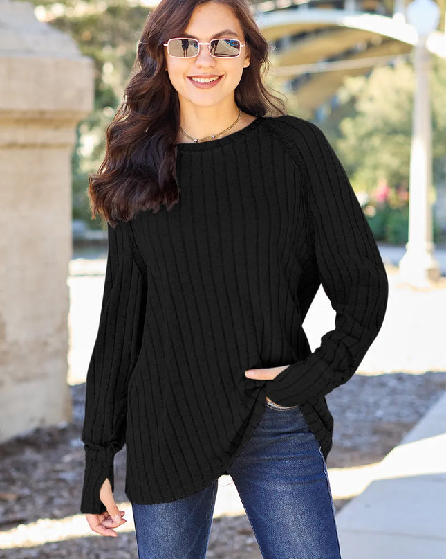 Basic Bae Full Size Ribbed Round Neck Long Sleeve Knit Top Black