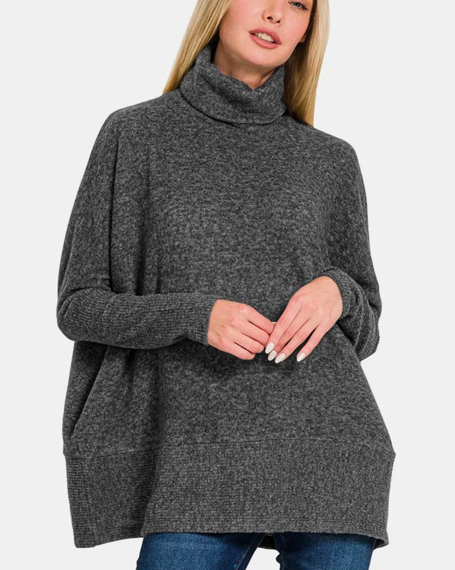 Zenana Full Size Brushed Melange Hacci Turtleneck Sweater Black