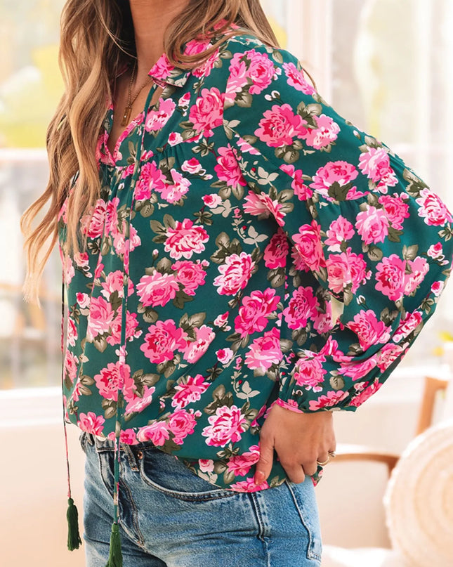 Floral Printed Tied Collar Puff Sleeve Blouse