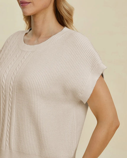Double Take Full Size Cable-Knit Round Neck Short Sleeve Sweater