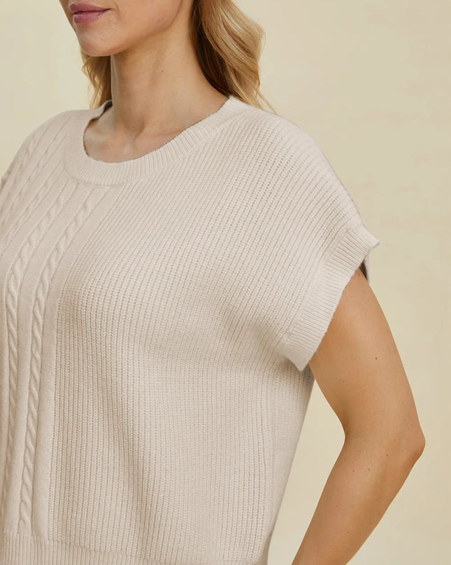 Double Take Full Size Cable-Knit Round Neck Short Sleeve Sweater