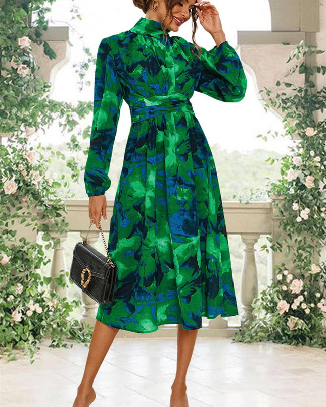 Abstract Floral Print Long Sleeve Midi Dress in Green