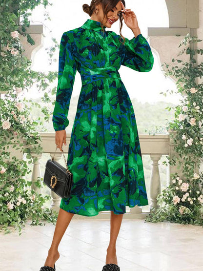 Abstract Floral Print Long Sleeve Midi Dress in Green