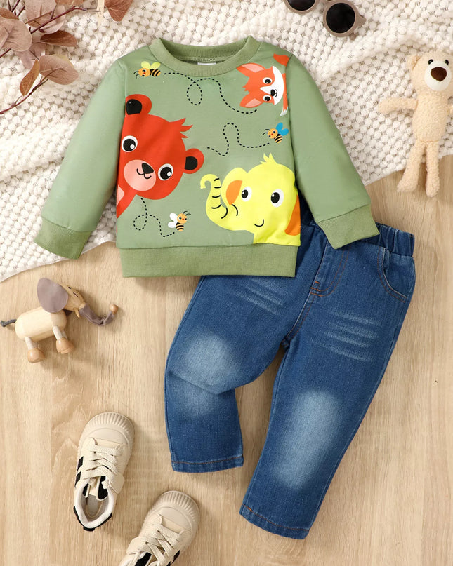 Children's Cartoon Animal Print Sweatshirt & Jeans Set Army Green
