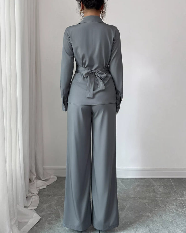 Back Tie Wrap Blazer and Wide Leg Pants Set
