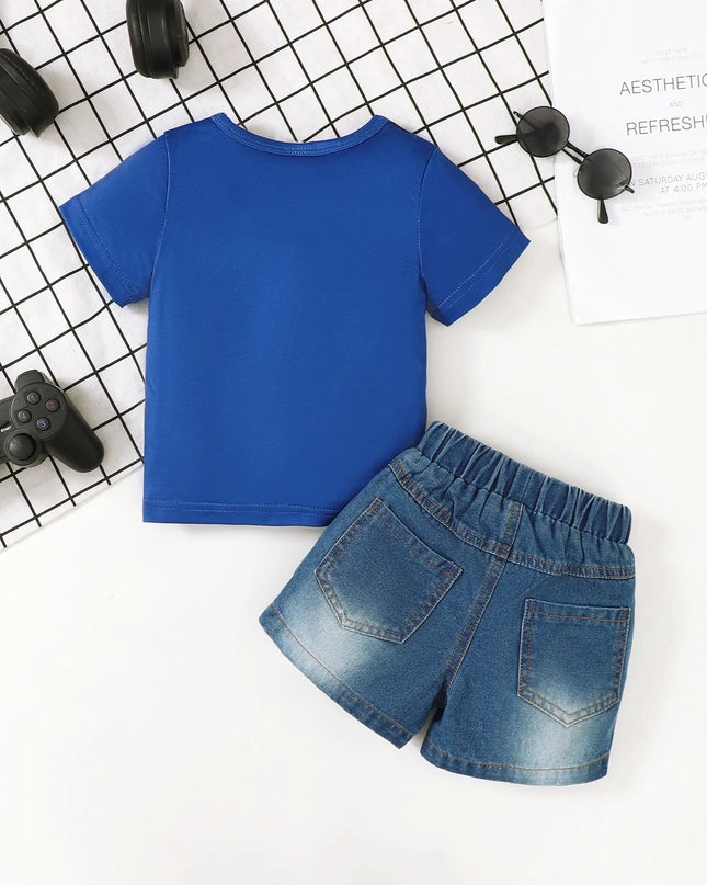 Children's Letter Round Neck Top and Denim Shorts Set