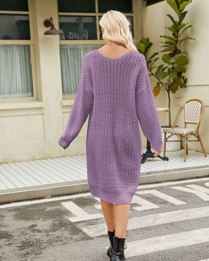 V-Neck Long Sleeve Sweater Dress