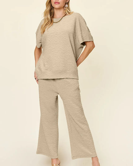 Double Take Full Size Texture Short Sleeve Top and Pants Set Khaki