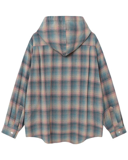 Men's Drawstring Plaid Button Up Hooded Shirt