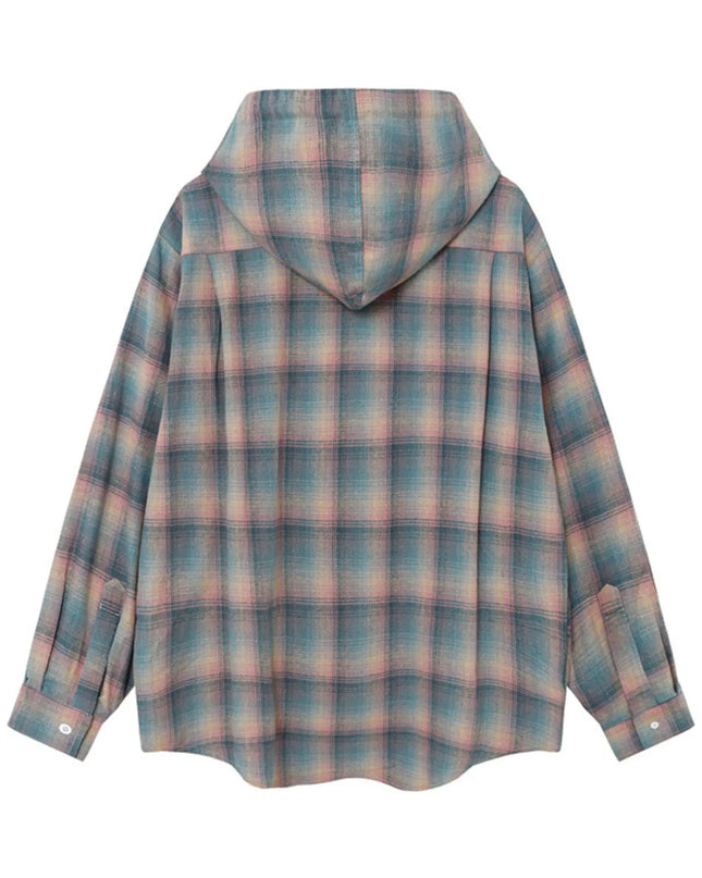Men's Drawstring Plaid Button Up Hooded Shirt