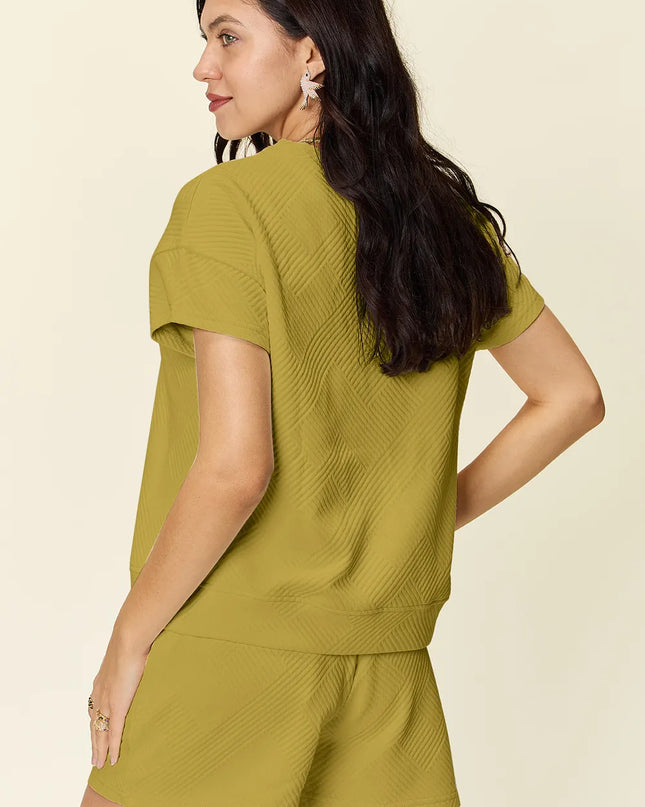 Double Take Full Size Texture Short Sleeve T-Shirt and Drawstring Shorts Set 