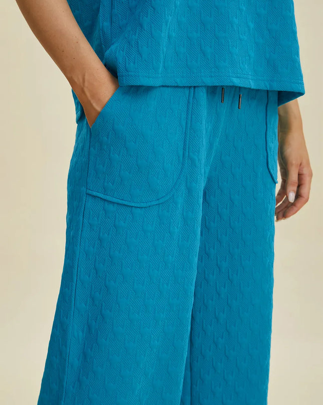 Double Take Full Size Texture Drawstring Short Sleeve Hoodie and Pocketed Pants Set