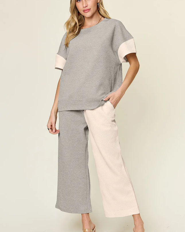 Double Take Full Size Texture Contrast T-Shirt and Wide Leg Pants Set Light Gray