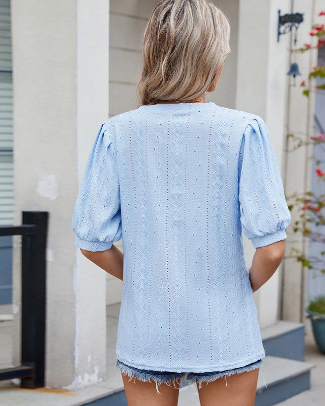 Eyelet V-Neck Puff Sleeve Casual Top 
