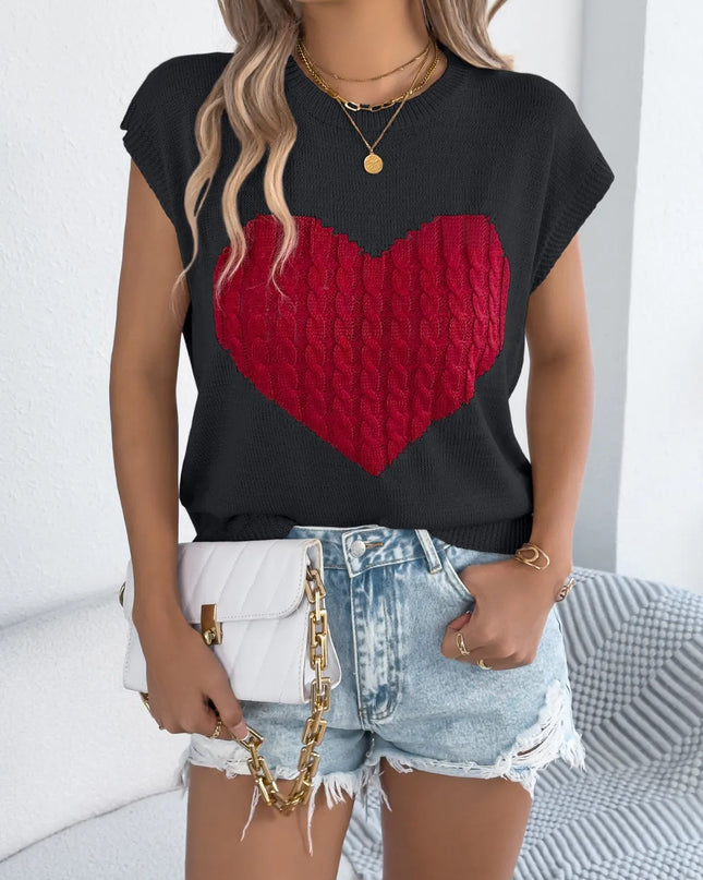Cable Knit Heart Round Neck Cap Sleeve Knit Top