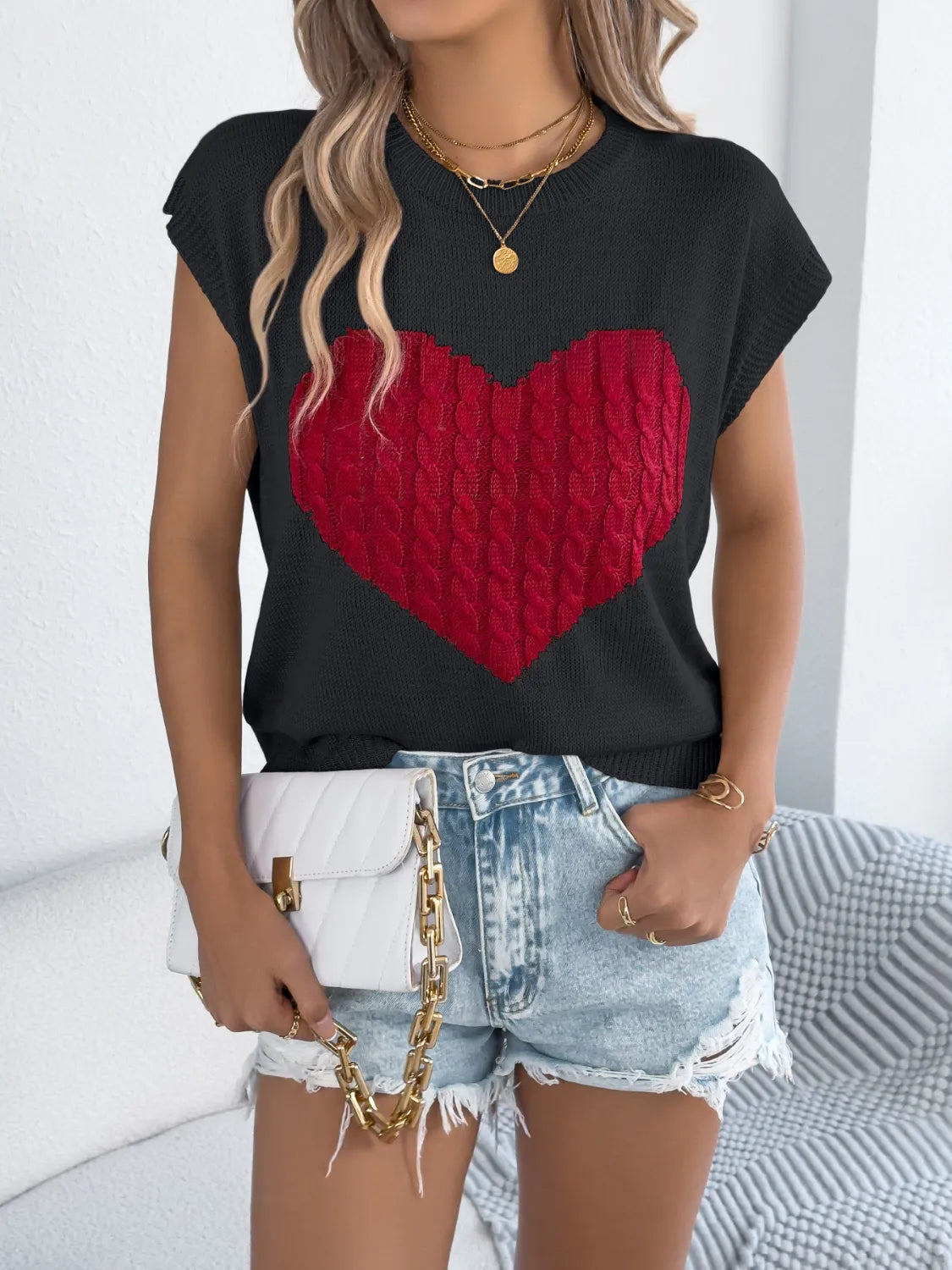 Cable Knit Heart Round Neck Cap Sleeve Knit Top