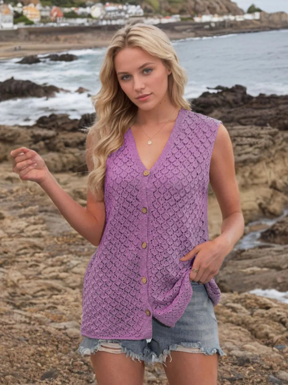 Button Down Eyelet V-Neck Sweater Vest Lilac