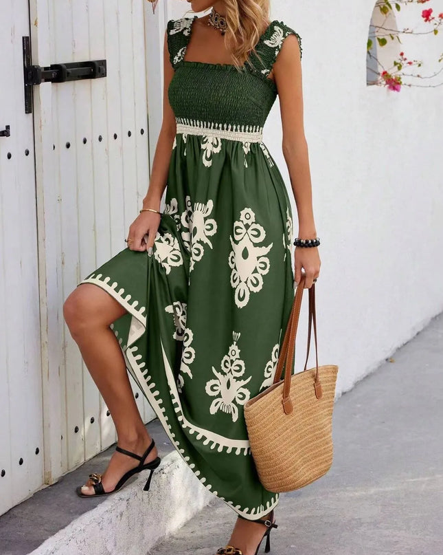 Smocked Printed Wide Strap Maxi Dress 