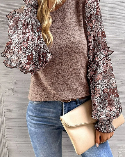 Heathered Floral Frill Lantern Sleeve Blouse
