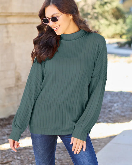 Basic Bae Full Size Ribbed Exposed Seam Mock Neck Knit Top Turquoise