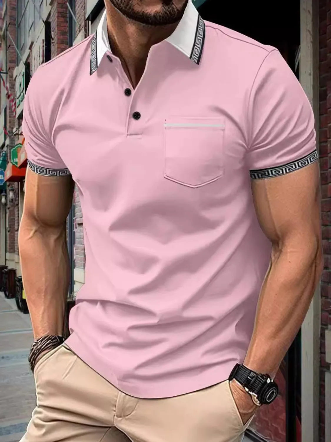 Men's Full Size Collared Neck Short Sleeve Polo Plus Size Dusty Pink