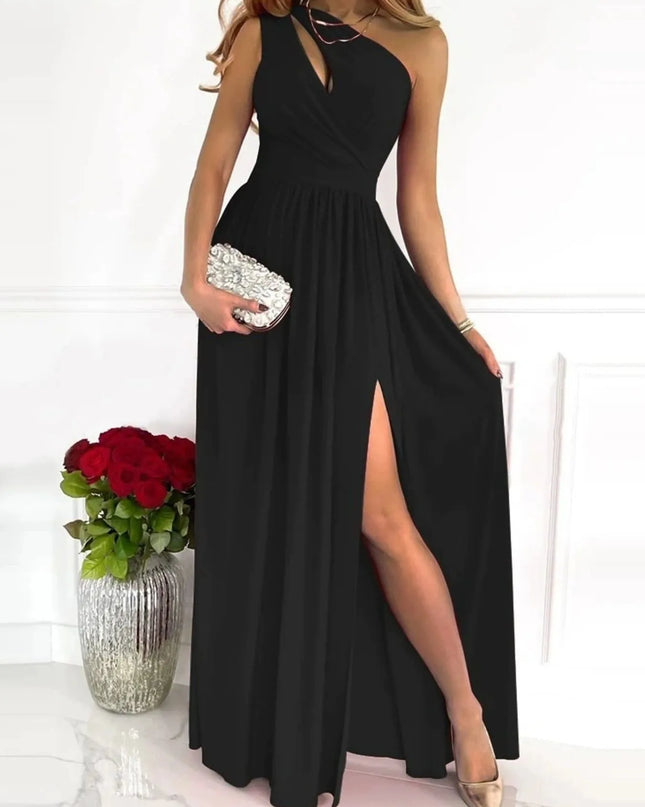 Split Single Shoulder Printed Maxi Dress Black