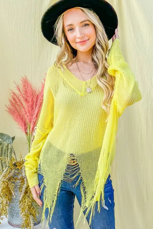 And The Why Distressed Mesh V Neck Spring Sweater Cover Up