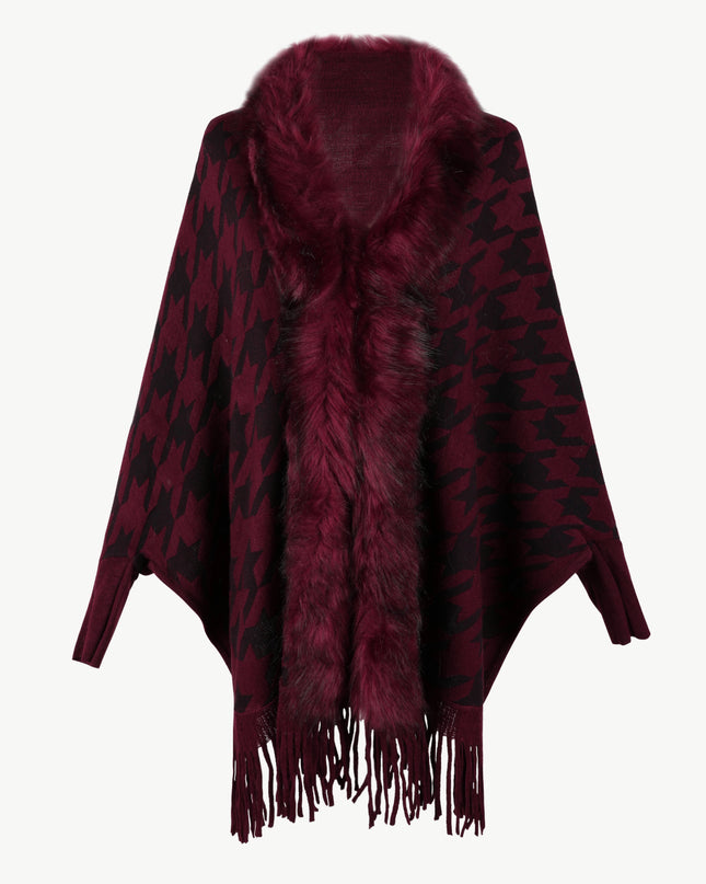 Houndstooth Fringe Hem Poncho Burgundy One Size
