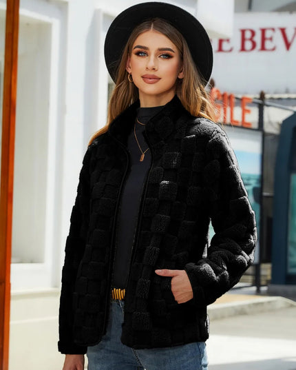 Fuzzy Checkered Zip Up Jacket Black