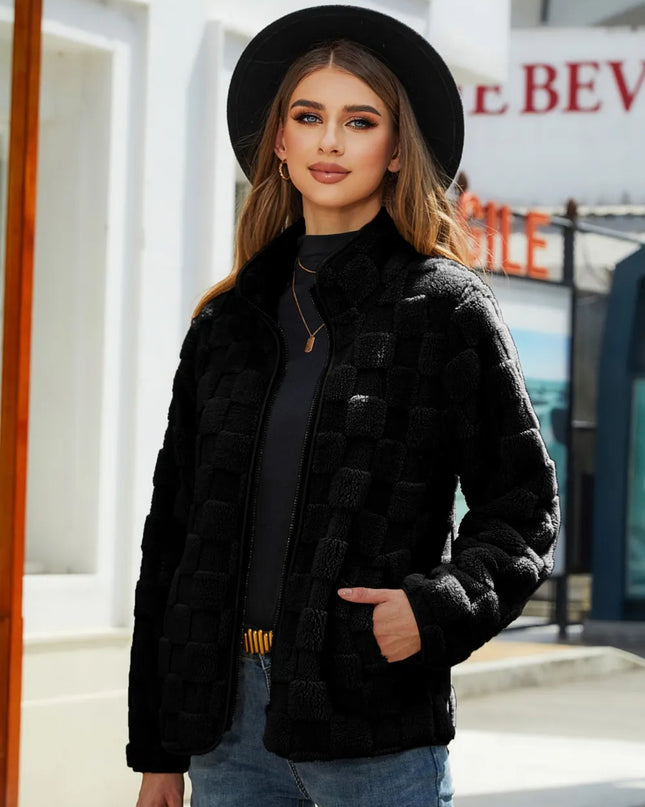Fuzzy Checkered Zip Up Jacket Black
