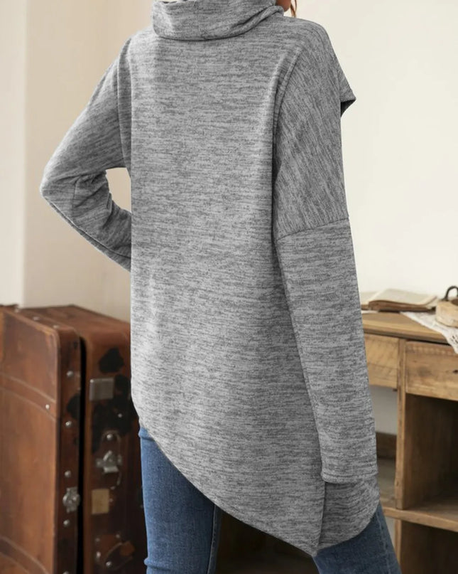 Asymmetrical Hem Cowl Neck Long Sleeve T-Shirt