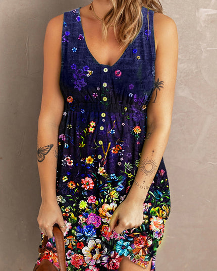 Double Take Scoop Neck Buttoned Sleeveless Magic Dress with Pockets Indigo