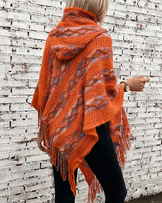 Fringe Contrast Hooded Poncho