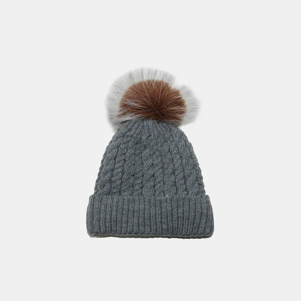 Cable Knit Winter Hat with Pompom Dark Gray One Size
