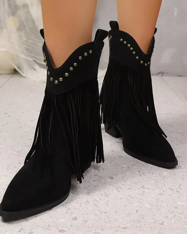 Fringe Point Toe Block Heels Boots Black