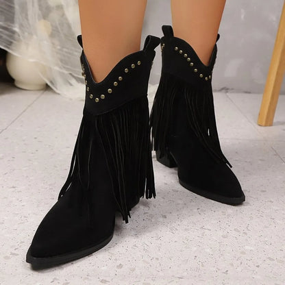 Fringe Point Toe Block Heels Boots Black