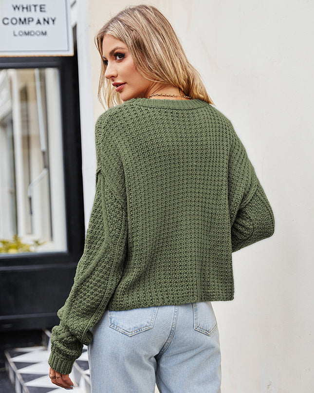 Cable-Knit Round Neck Dropped Shoulder Sweater