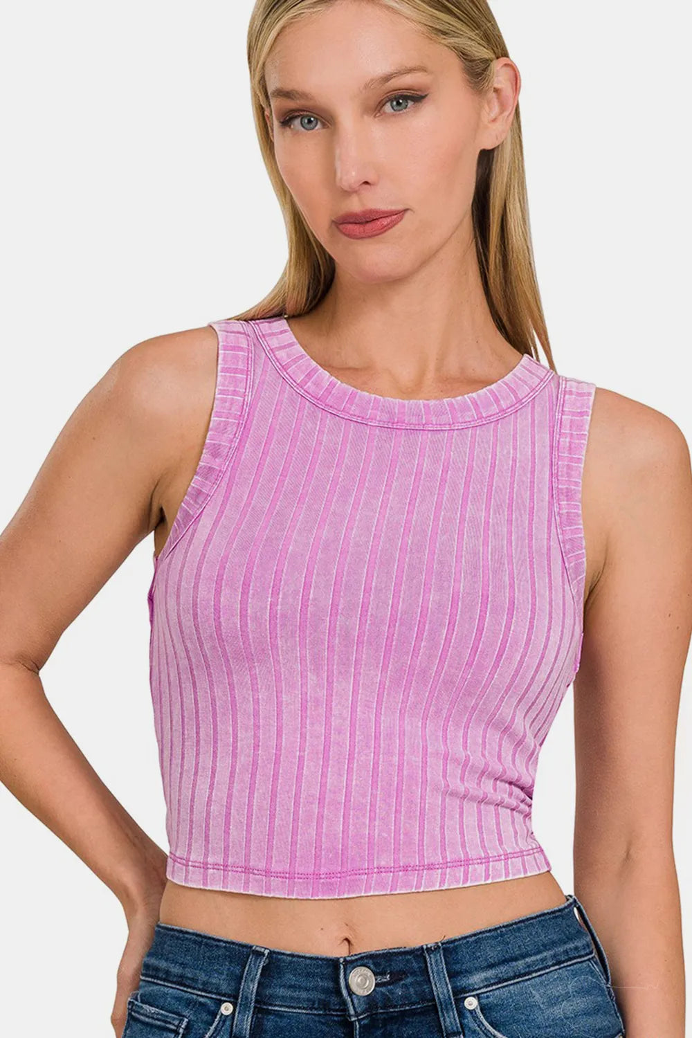 Zenana Ribbed Round Neck Cropped Tank MAUVE