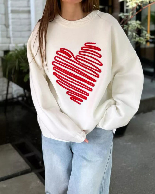 Heart Round Neck Oversized Sweater White