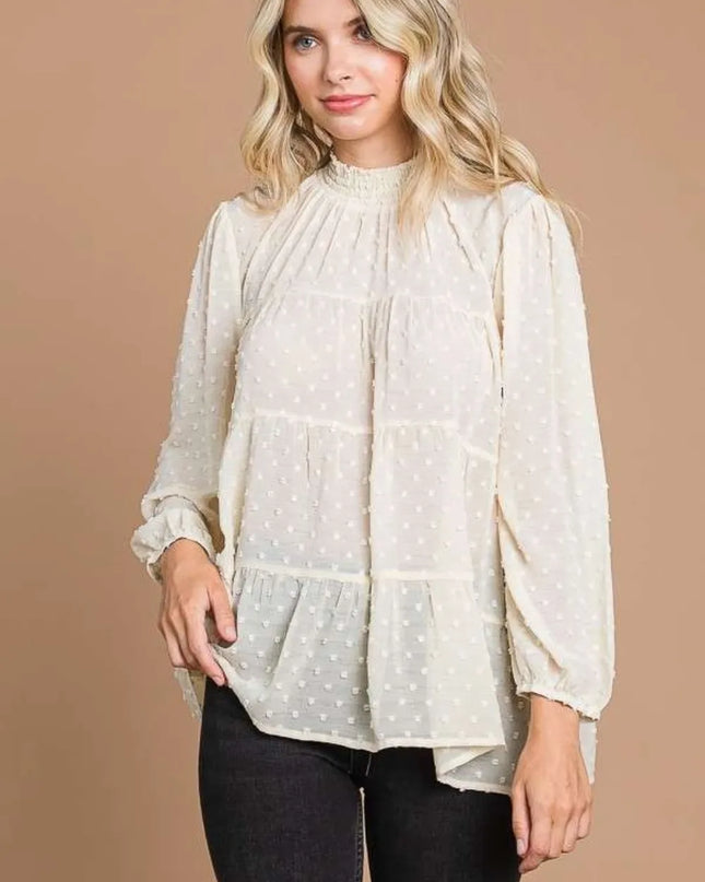 Culture Code Full Size Swiss Dot Smocked Mock Neck Blouse Plus Size IVORY CREAM