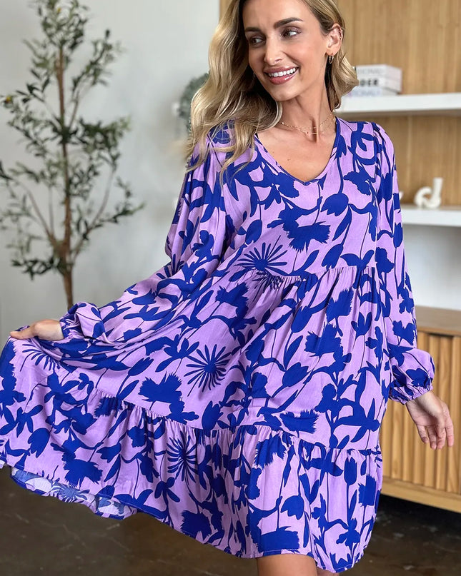 Double Take Full Size Printed Ruffle Hem Dress with Pocket