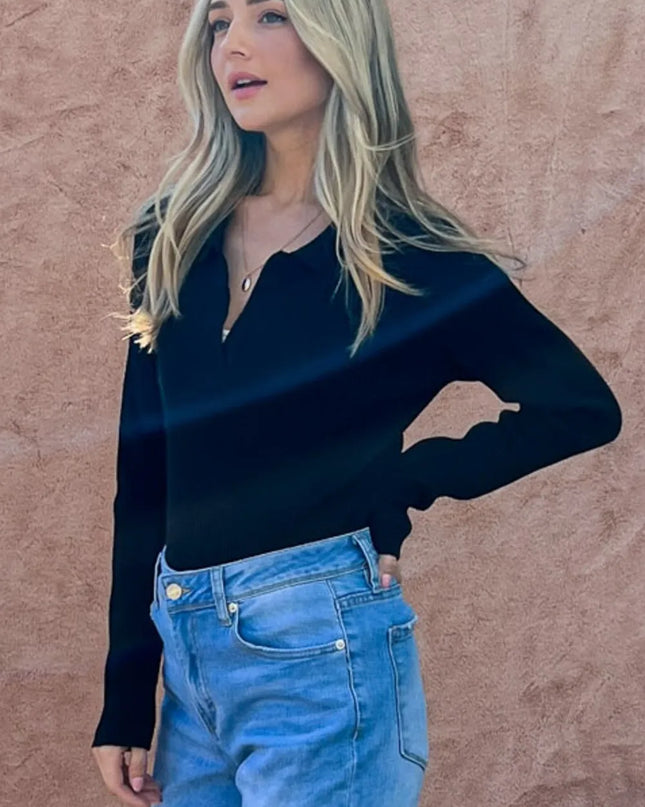 And The Why Full Size Johnny Collar Long Sleeve Ribbed Bodysuit